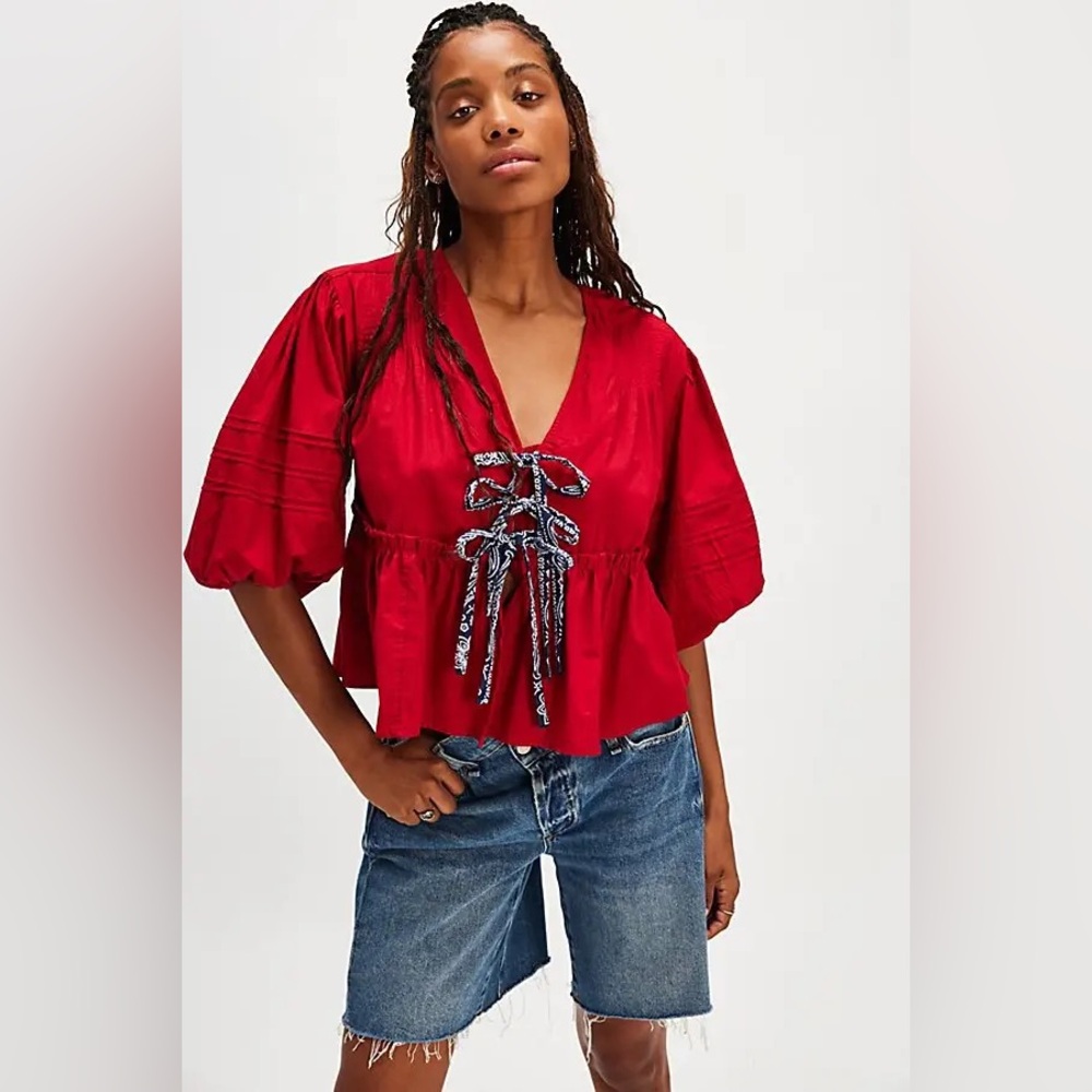 Free People x Tricia Fix Bandana Tied Up Front Top Red Navy Combo Size Small NWT